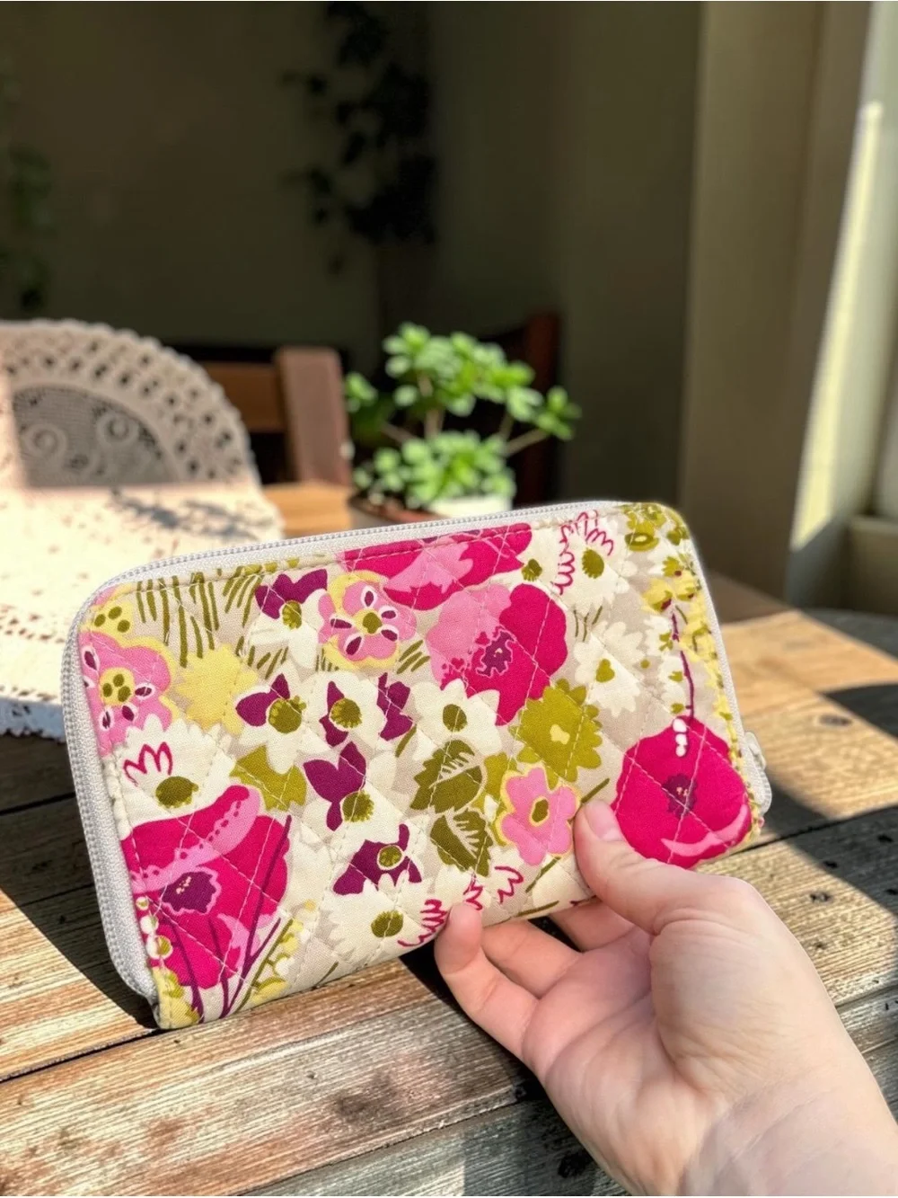 Vera Bradley Make Me Blush Quilted Floral Zip Wallet in Pink, Magenta & Olive